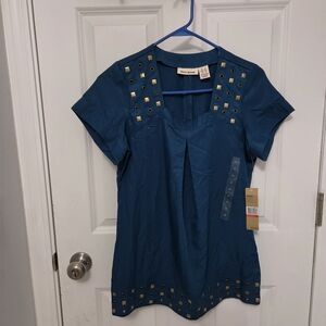 DKNY Teal Blue Square-Stud Short-Sleeve Tunic Blouse Size XS